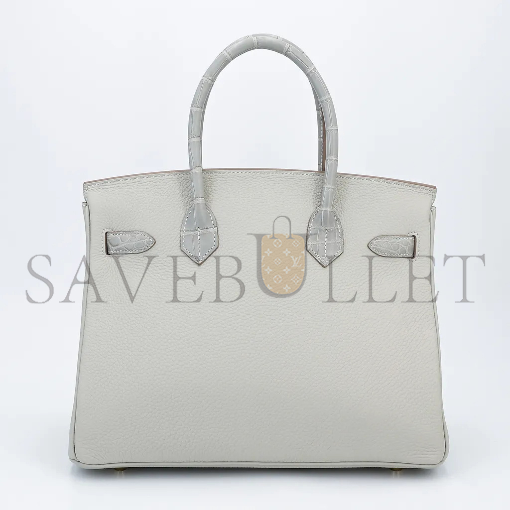 HERMÈS MASTER BIRKIN 25 CROCODILE AND TOGO LEATHER PEARL GREY GOLD BUCKLE H076216CK15 (25*20*13cm)